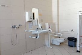łazienka dla osób niepełnosprawnych z drążkami przy umywalce i toalecie